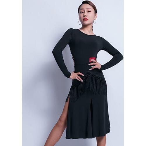 New Latin Costumes Female Adult Dance Clothes Black Tassel Backless Dress Professional Ballroom Dance Clothes Tango Dress VO150