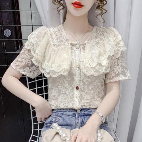 Doll collar shirt female 2021 new lotus leaf beaded Korean style lace short-sleeved western style all-match casual top