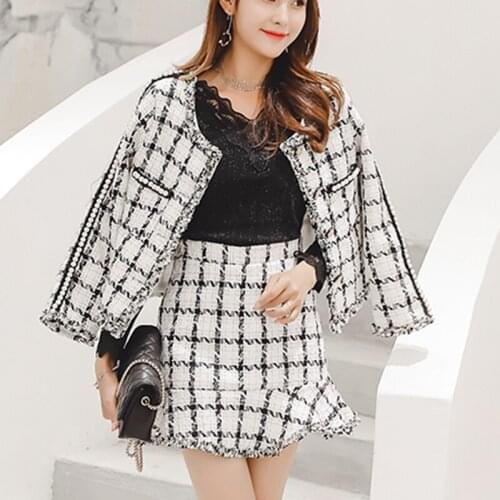 Fashion Jacket Coat + Mermaid Skirt Set 2021 Fall Winter Black White Patchwork Plaid Two Piece Set Tweed Pearls Skirt Suit Women