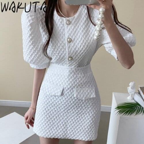 WAKUTA Ladies Offical Elegant Puff Sleeve Tops High Waist Mini Skirts Suits 2 Piece Set Black White Korean Vintage Pearl Suit