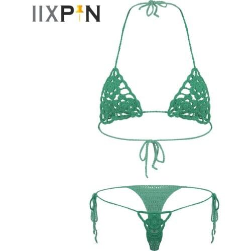 Womens Sexy Crochet Lingerie Set Floral Handmade Hollow Out Erotic Bikini Set Beach Two-Piece Micro Swimsuit Sunbathing Swimwear