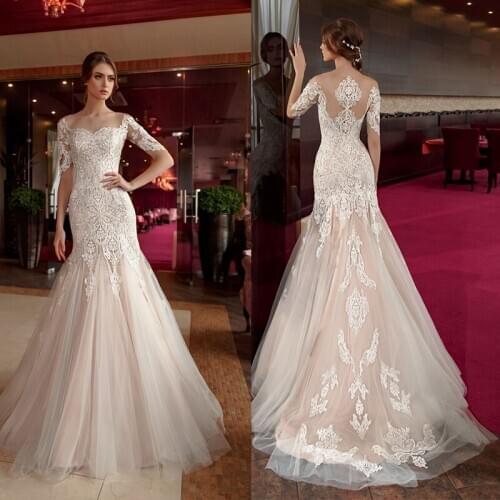 Scoop Neck Sexy Mermaid Wedding Dress 2021 High Quality Lace Appliques Sweep Train Half Sleeve Bridal Gowns