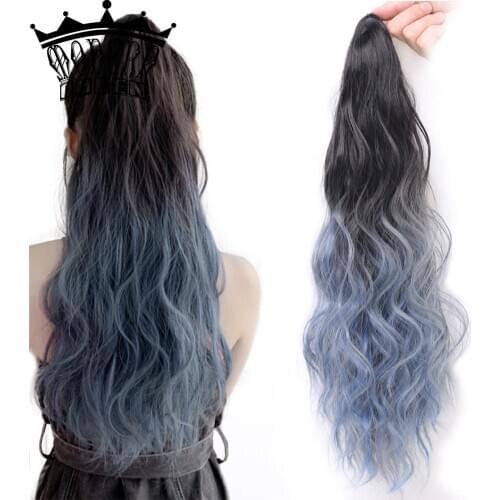 22 inch Long Wavy Ponytail synthetic Hair / Ombre Ponytail with Mini Hair Claw Knot / Natural Black Blue Ponytail for Women