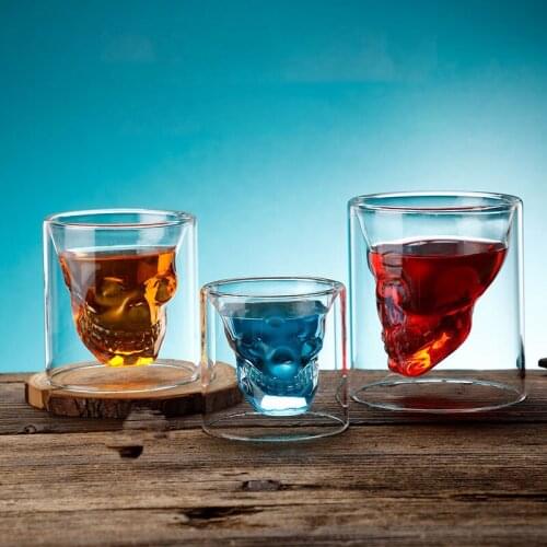 4pcs Glass Cup Skull Wine Glass Coffee Cup Milk Cocktail Whisky Vodka Water Cup Double Wall Glass Bar Club Creative Wine Cup