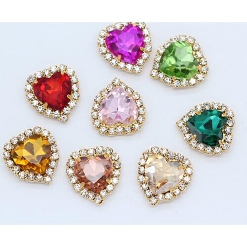 8/10/12/18 color heart shape crystal glass stone sew on flatback rhinestone chain trim Gold setting Craft clothes jewelry making