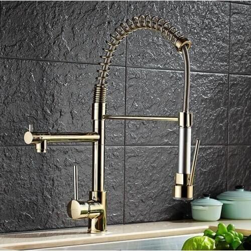 Free Shipping Brass gold Spring Pull Out Kitchen Faucet Sink Faucet luxury Hot & Cold direct drink Water Kitchen Mixer tap