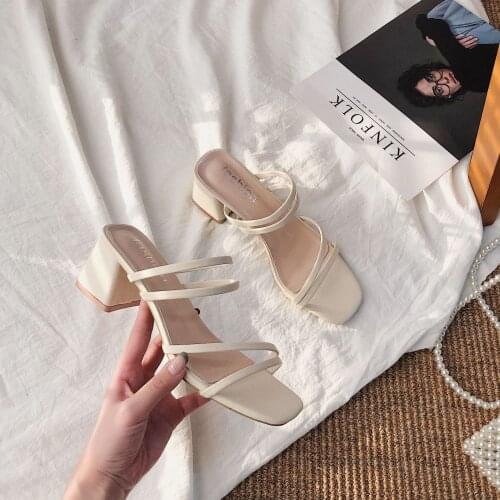 New 2021 Female Sandals Sexy Summer Slippers Ladies High Heels Square Open Toe Slides Party Shoes Women Sandals for Women