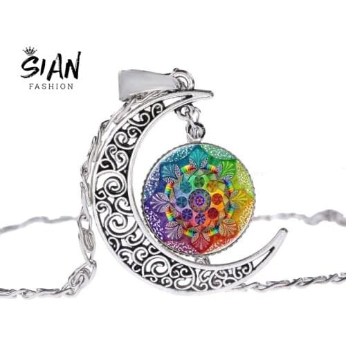 SIAN Vintage Mandala Necklace Moon Pendant Chain Necklaces Glass Dome Pendants Jewelry Lucky Amulet For UnisexTibetan Buddhist