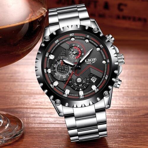 LIGE Fashion Business Mens Stainless Steel Waterproof Watch Men Military Sport Quartz Clock Male Chronograph Relogio Masculino