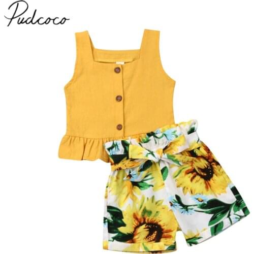 2019 Baby Summer Clothing 0-5Y Toddler Kids Baby Girls Clothes Yellow Sunflower Tops T-shirt+ Floral Bow Shorts 2pcs Outfits Set