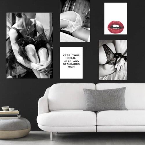Nordic Sexy Red Lips Woman Erotic Art Poster Fashion Girl Canvas Painting Modern Black and White Picture Wall Decoration Bedroom