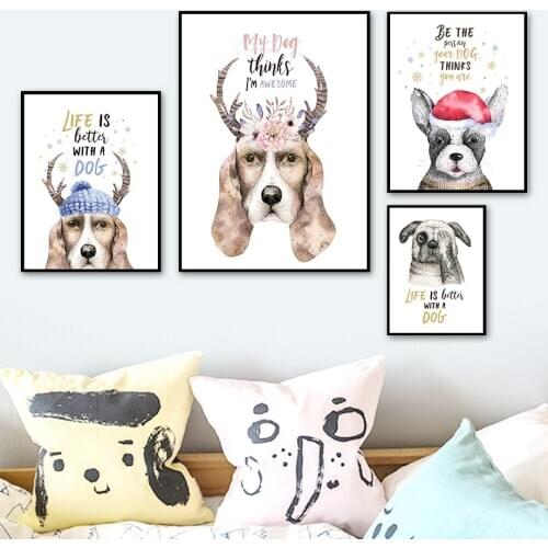 Pug French Bulldog Basset Hound Antlers Hat Wall Art Canvas Painting Nordic Posters And Prints Wall Pictures Kids Room Decor