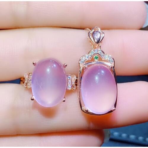 Per jewelry Natural real pink rose quartz oval jewelry set 1pc ring 1pc pendant 7.5ct*2pcs gemstone 925 sterling silver J20468
