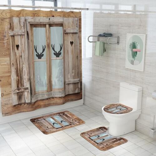 Christmas Style Carpet Absorbent Toilet Seat Cover Mat Non-Slip Floor Mat Set Waterproof Shower Curtain and Bath Mat Set