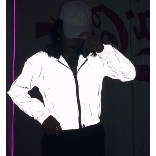 Cool Hip Hop Women Jacket Reflective Windbreaker Hooded Zipper Up Outfit Long Sleeve Solid Color Wild Fashion Coat