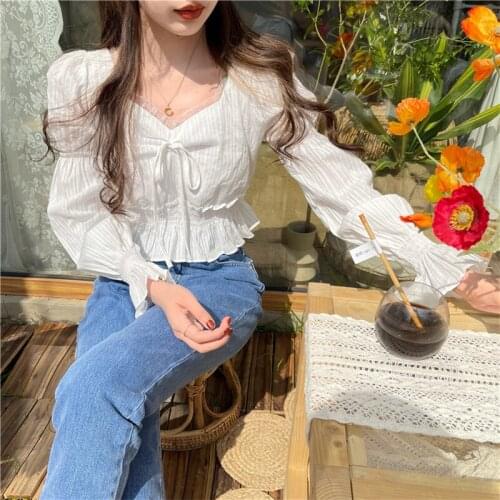 Limiguyue Autumn Korean Elegant Blouse Ruffles Patchwork Lace Women Blusas Elegant Flare Sleeve Shirt Sweet Chic Crop Tops K2624