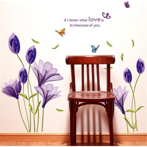 New 1Pcs 70*30cm Beautiful Purple Flowers Lilies Butterfly Wall Stickers For Backdrop Decorative Home Decor Wall Decal