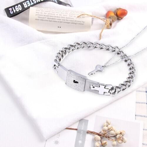 Couple Lovers Jewelry Love Heart Lock Bracelet Stainless Steel Bracelets Bangles Key Pendant Necklace Jewelry Gift