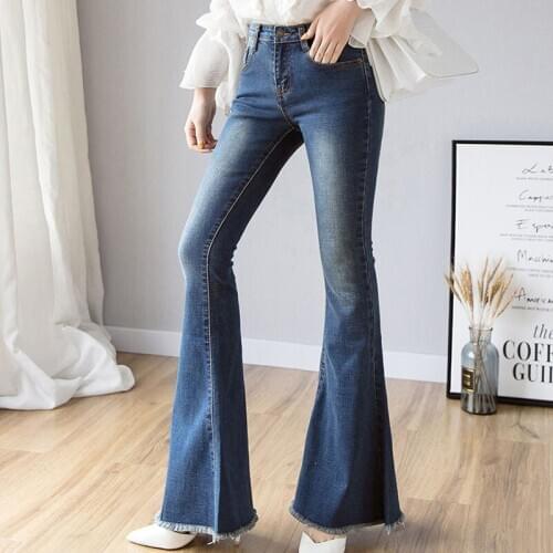 Women Flare Jeans Spring Autumn High Waist Zipper Denim Blue Womens Jeans Wide Leg Pant Ladies Stretch Fare Long Pants