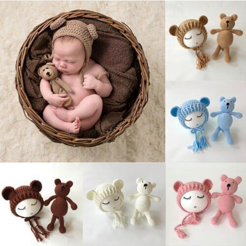 Newborn Baby Photography Props Handmade Knitting Bears Ear Hat+Toys Set Baby Photo Props Accessories Baby Hats Fotografia Caps