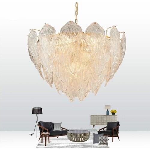Post Modern Luxury E14 Led Pendant Lights Glass Leaf Shiny Gold Metal Led Pendant Lamp Foyer Chain Hanging Lamp Led Indoor Lamp