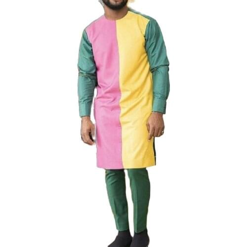 Pink/yellow matcha green patchwork shirt for men dashiki fashion tailor made groom suits male African pant sets