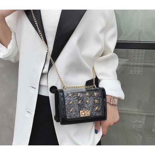 Chic Trendy PVC Flap Bag with Rivet Star Sequin Decors Women Chain Strap Shoulder Bags for Girls Shiny Crossbody Handbag