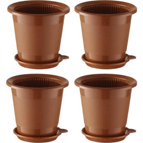 4Pcs 10cm Caliber Flower Breathable Slotted Plastic Pot Drainage Plant Pot Mesh Garden Container with Tray - Coffee