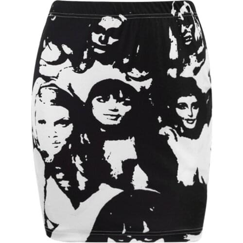 649D Women Sexy Low Rise Bodycon Micro Pencil Skirt Gothic Portrait Graphic Clubwear