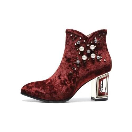 Ladies Pearl Crystal Studs Velvet Ankle Boots Women Rhinestone Embellished Chunky Fretwork Cage Heels Spring Wedding Boots
