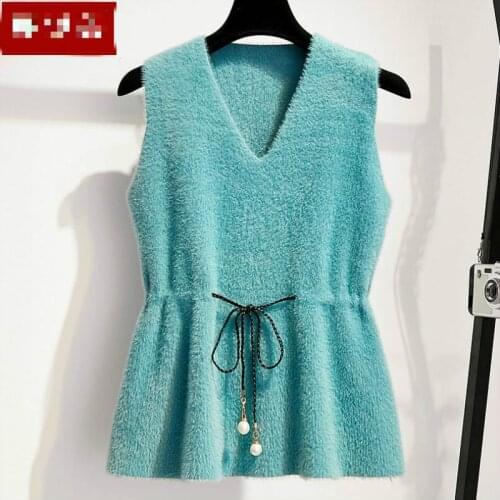 2021 Women Autumn Winter Faux Mink Velvet Sweater Vest Lady V-nevk Sleeveless Lace Up Waistcoat Female Elegant Casual Gilets G12