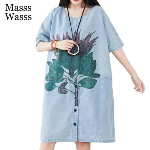 Masss Wasss 2021 Fashion Summer Dress Ladies Printed Blue Denim Dresses Womens Short Sleeve Vestidos Vintage Clothes Plus Size