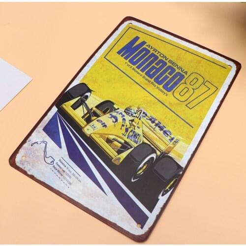 1Pc Ayrton Senna 1987 Monaco Metal Sheet Decoration F1 Coffee House Metal Piece Painting Formula Racing Cafe Iron Plate Pub Arti