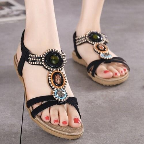 2021 summer new woman sandals Bohemia beaded soft bottom leisure large size women shoes fashion flat sandals 39 40 41 42