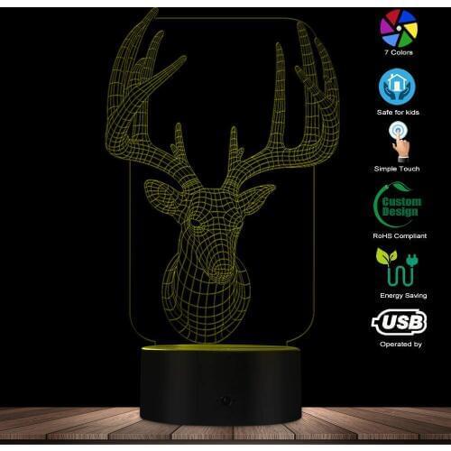 Deer Head 3D Optical Lamp Animal Modern Light With Colorful Discoloration Antler LED Illuminated Display For Hunter Hunting Gift