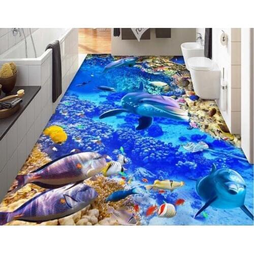 3d floor painting wallpaper 3d pvc wallpaper Coral Sea World Dolphin 3D three-dimensional floor painting