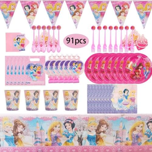 91pcs Disney Princess Party Supplies Set For Party Accessories Birthday Glow Party Cup Tablecloth Cake Decor For Kids Gifts