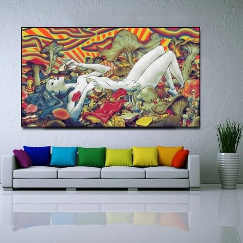 Abstract naked girl in mushroom forest eats sandwiches canvas posters and prints art picture decoration for living room