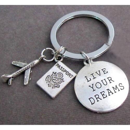 Travel Traveler Key Chain, Holiday Keyring, Flight Attendant Keychain,Cabin Crew Keyfob, Air Plane And Passport, Live Your Dream