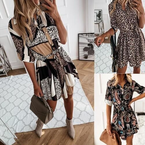 Dropshipping Women Autumn Turn-down Collar Leopard Patchwork Print Long Sleeve Mini Dress