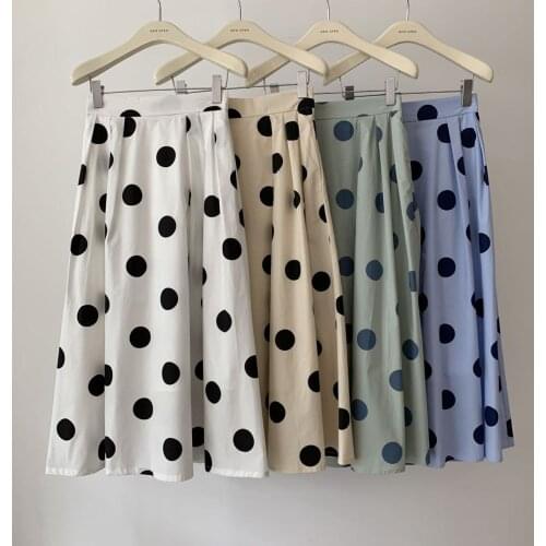 Vintage High Waist A-line Skirts Women Casual Korean Elegant Slim Dot Print Long Skirts Summer Beach Boho Pleated Skirt Female