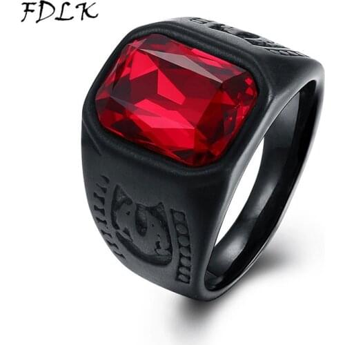 FDLK Fashion Red Blue Crystal Black Finger Rings For Men Women Square Zircon Rings Cemented Carbide Fashion Male Jewelry