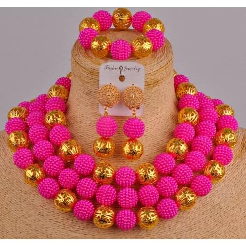 Fuchsia pink nigerian beads necklace jewelry set simulated pearl african wedding set FZZ66