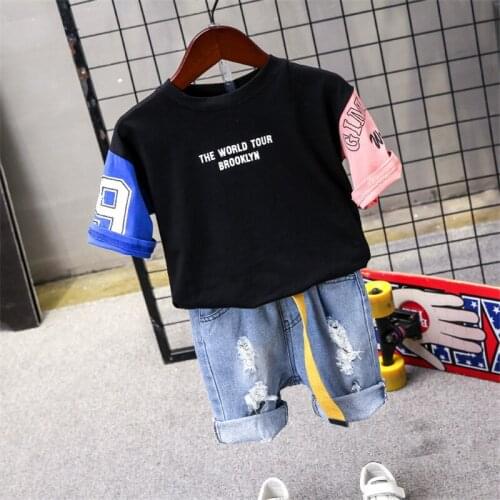 Summer Toddler Boy Sets Casual Short Sleeve Stitching Short Sleeve T-shirt Denim Shorts 2pcs New Arrival Boys Suits 2 3 4 5 6 Y