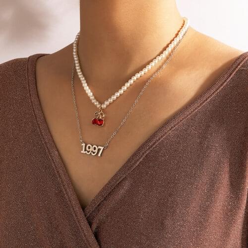 HuaTang Charms Crystal Cherry Pendant Necklace for Women Gold Color Number Pearl Choker Necklace 2021 Trendy Jewelry Weddings