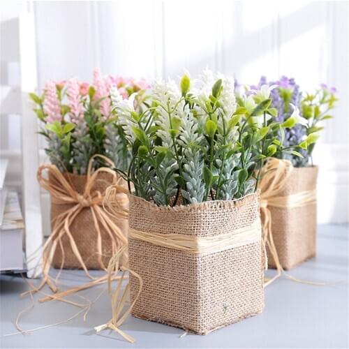 Artificial Lavender Mini Floral Silk Flower Household Table Decoration Dried Flower Potted Rural style Burlap Potted Plant Fake