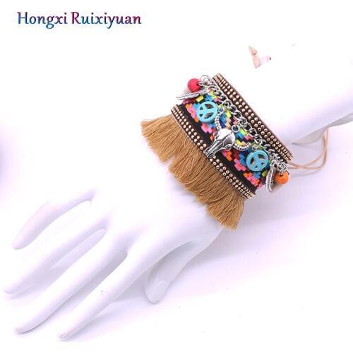 Leather Bracelet Leather Alloy Bull Head Tassel Shell Crystal Ladies Bracelet Bohemian Vintage Event Leather Bracelet Jewelry