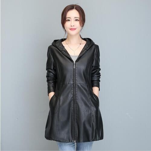 Plus Size 3XL Leather Coat Women 2021 New Women Leather Jacket Long Slim Hooded Motorcycle Female Leather Clothing Black