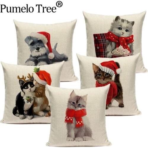 Happy Christmas Dog Pattern Cushion Cover Cute Animal Cat Decorative Pillowcase NewYear Sofa Home Car Pillow Cover Kissenbezug