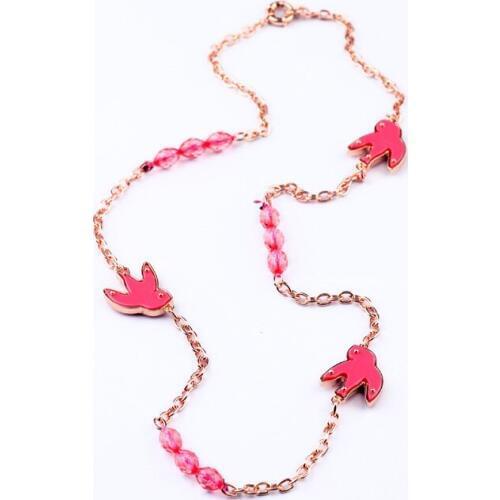 Bulk Price Beautiful Girl Cartoon Pink & Black Bird Long Necklace Pink Grey Bead Rose Gold Chain Necklace For Women